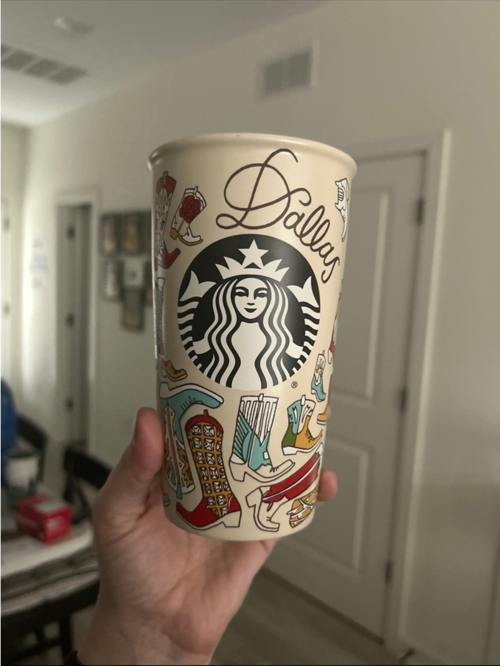 Starbucks Dallas Cream Travel Tumbler with Black Logo and Multicolor Accents